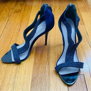 Glint Blue rhinestone satin sandal heels, size 7M